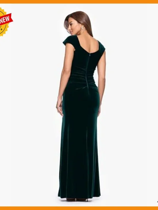 Velvet Formal Gown with Asymmetrical Neckline and Front Slit - Picture 2 of 5